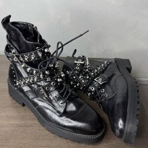 Zara Black Leather Studded Combat Boots